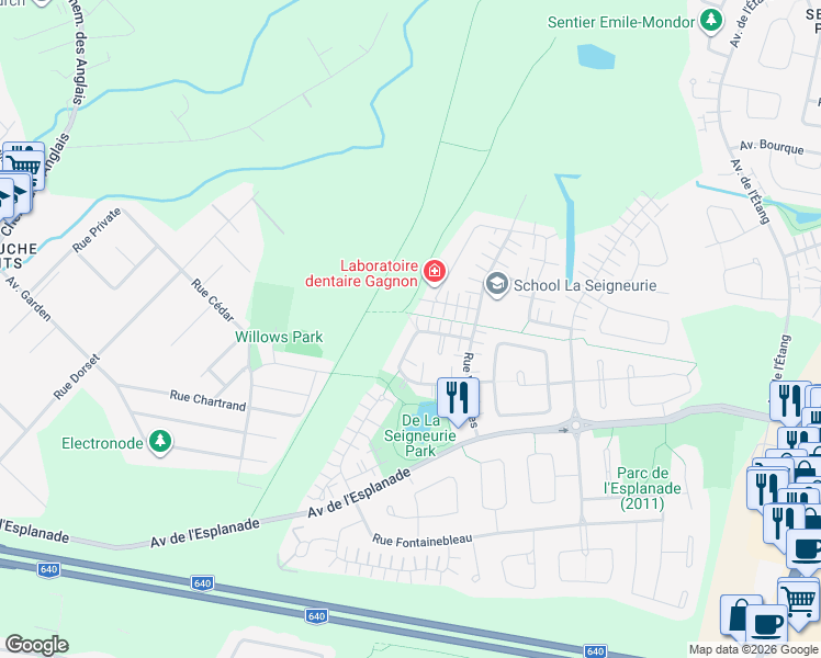 map of restaurants, bars, coffee shops, grocery stores, and more near 690 Rue Montmartre in Mascouche