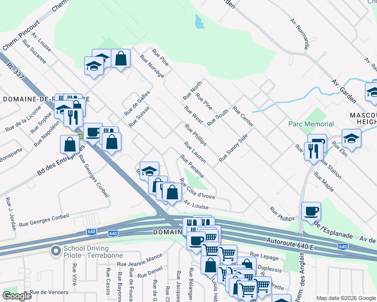 map of restaurants, bars, coffee shops, grocery stores, and more near 1468 Rue Lauzon in Mascouche