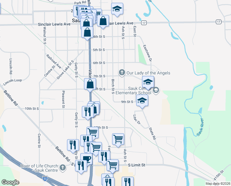 map of restaurants, bars, coffee shops, grocery stores, and more near 809 Birch Street South in Sauk Centre