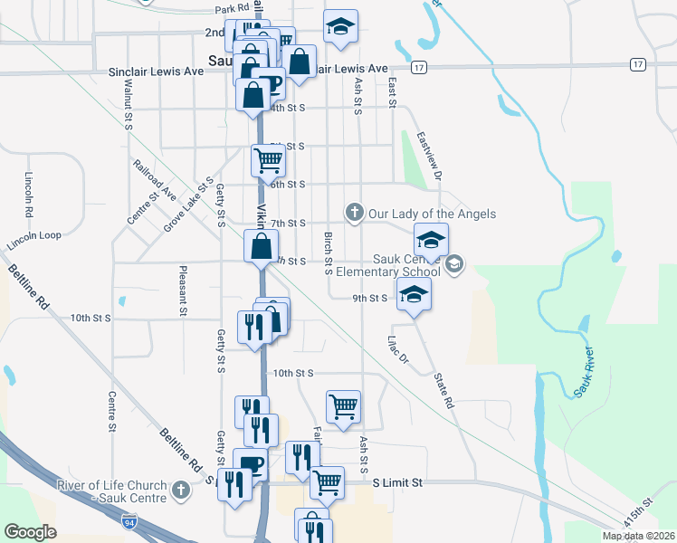 map of restaurants, bars, coffee shops, grocery stores, and more near 809 Birch Street South in Sauk Centre