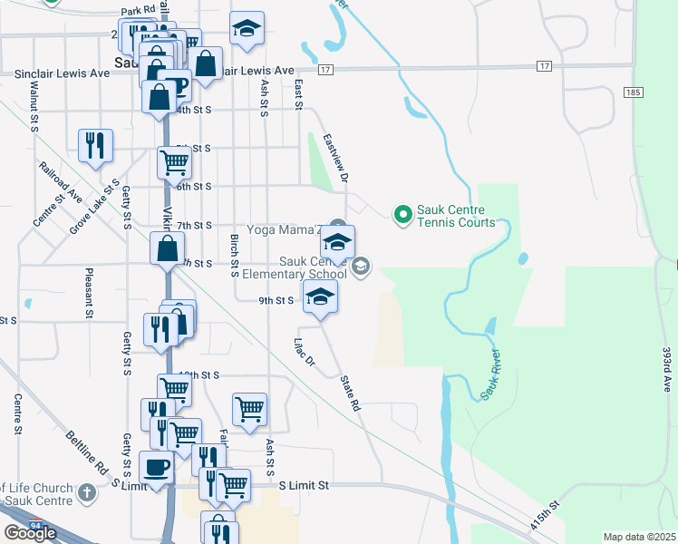 map of restaurants, bars, coffee shops, grocery stores, and more near 903 State Road in Sauk Centre