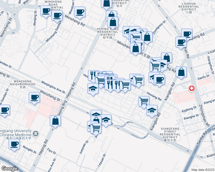 map of restaurants, bars, coffee shops, grocery stores, and more near in Harbin