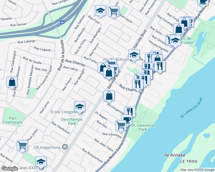 map of restaurants, bars, coffee shops, grocery stores, and more near 283 Boulevard Iberville in Repentigny