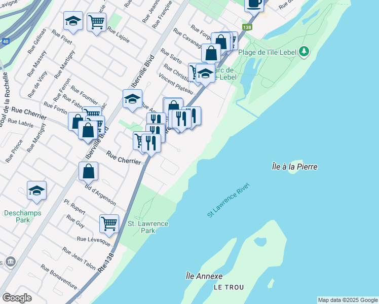map of restaurants, bars, coffee shops, grocery stores, and more near 15 Rue des Émeraudes in Repentigny