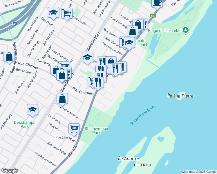 map of restaurants, bars, coffee shops, grocery stores, and more near 20 Rue des Émeraudes in Repentigny