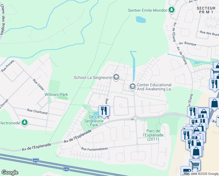 map of restaurants, bars, coffee shops, grocery stores, and more near Rue Versailles in Mascouche