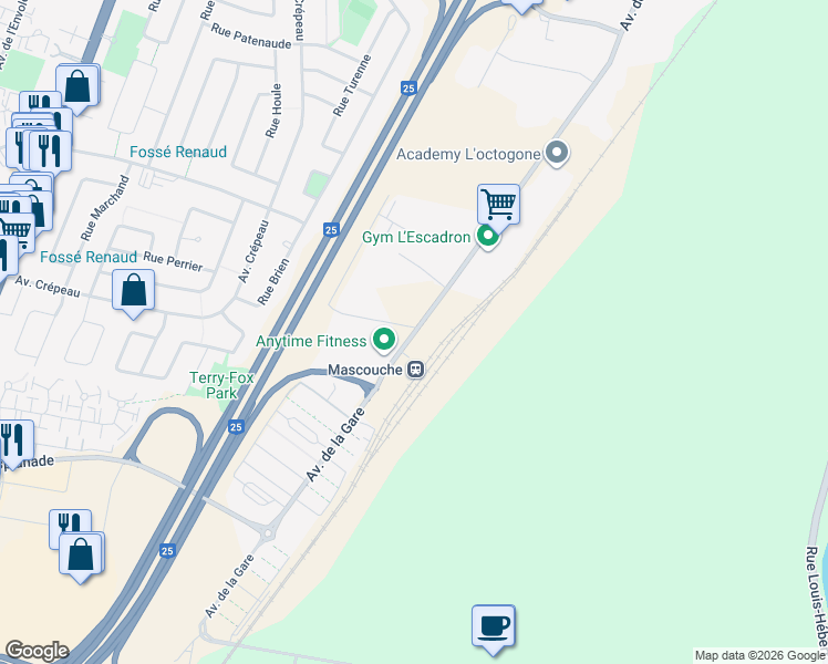 map of restaurants, bars, coffee shops, grocery stores, and more near 1431 Avenue de la Gare in Mascouche