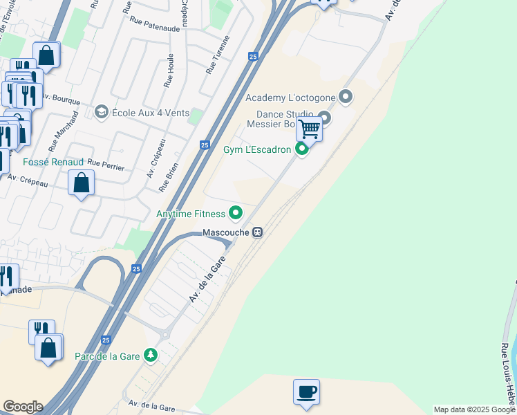 map of restaurants, bars, coffee shops, grocery stores, and more near 2830 Avenue de la Gare in Mascouche