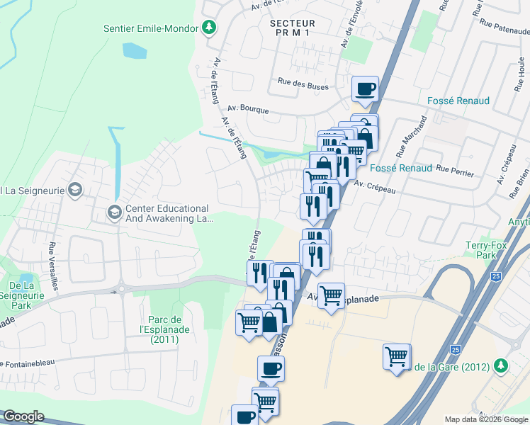 map of restaurants, bars, coffee shops, grocery stores, and more near 277 Avenue de l'Étang in Mascouche