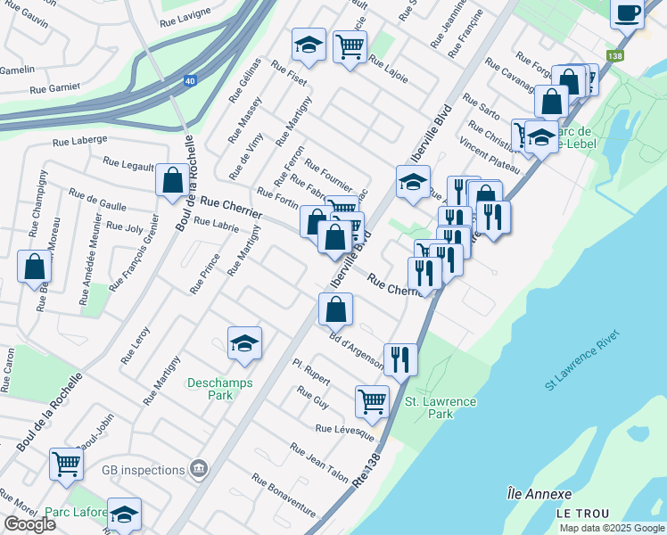 map of restaurants, bars, coffee shops, grocery stores, and more near 283 Boulevard Iberville in Repentigny
