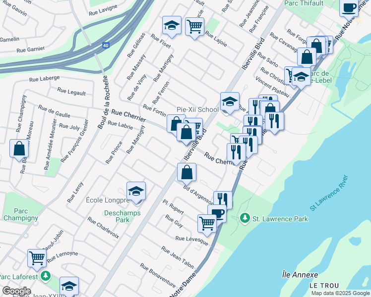 map of restaurants, bars, coffee shops, grocery stores, and more near 301 Boulevard Iberville in Repentigny