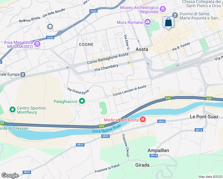 map of restaurants, bars, coffee shops, grocery stores, and more near 47 Via Grand Eyvia in Aosta