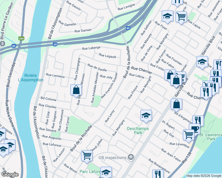 map of restaurants, bars, coffee shops, grocery stores, and more near 264 Rue François Grenier in Repentigny