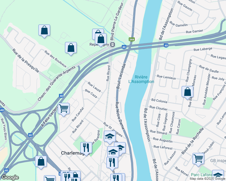 map of restaurants, bars, coffee shops, grocery stores, and more near 9 Boulevard Lacombe in Repentigny
