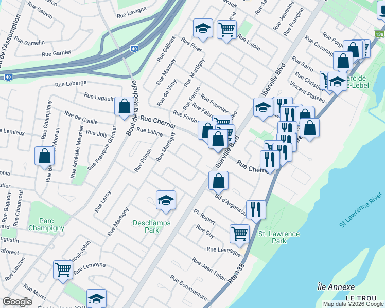 map of restaurants, bars, coffee shops, grocery stores, and more near 46 Rue Leber in Repentigny