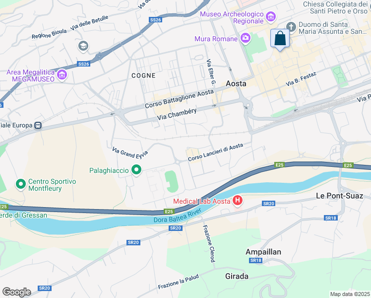 map of restaurants, bars, coffee shops, grocery stores, and more near 47 Via Grand Eyvia in Aosta