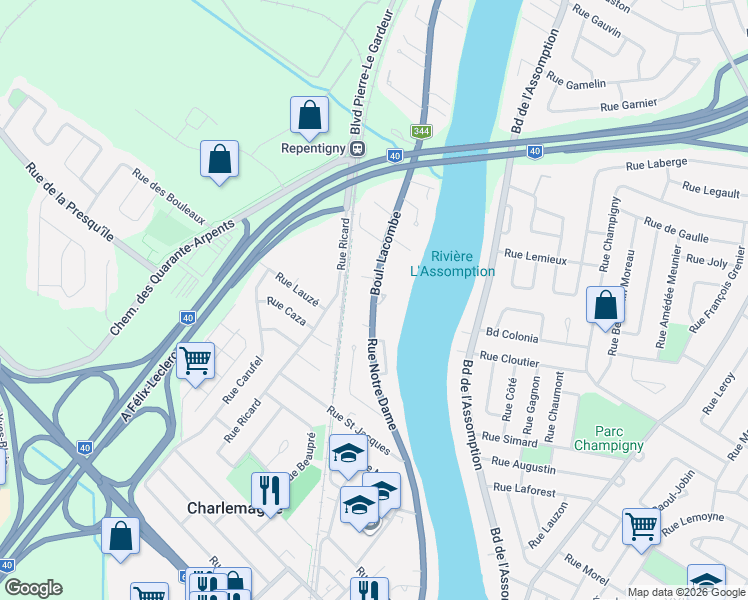 map of restaurants, bars, coffee shops, grocery stores, and more near 9 Boulevard Lacombe in Repentigny