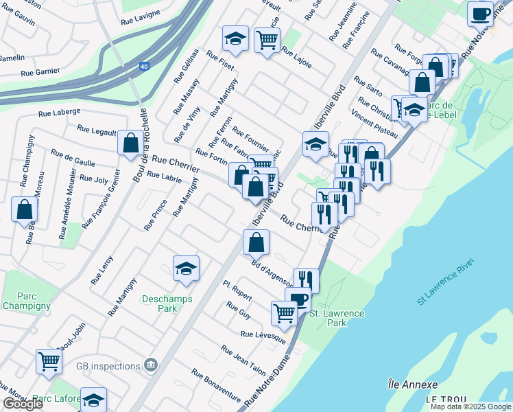 map of restaurants, bars, coffee shops, grocery stores, and more near 301 Boulevard Iberville in Repentigny