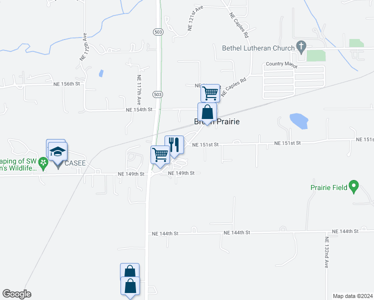 map of restaurants, bars, coffee shops, grocery stores, and more near 15025 Northeast Caples Road in Brush Prairie