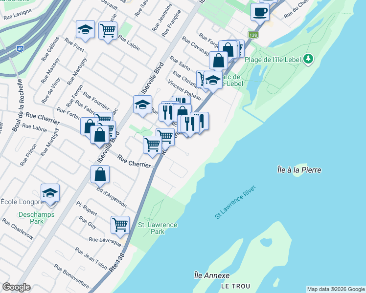 map of restaurants, bars, coffee shops, grocery stores, and more near 25 Rue des Émeraudes in Repentigny