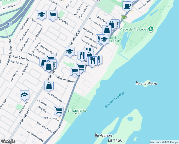 map of restaurants, bars, coffee shops, grocery stores, and more near 25 Rue des Émeraudes in Repentigny
