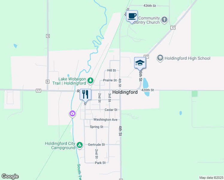 map of restaurants, bars, coffee shops, grocery stores, and more near 321 River Street in Holdingford