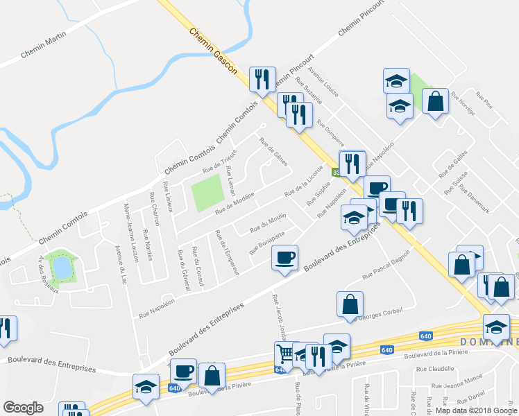 map of restaurants, bars, coffee shops, grocery stores, and more near Rue de la Licorne in Terrebonne
