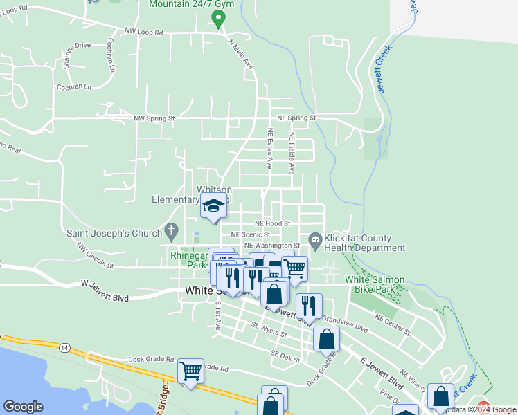 map of restaurants, bars, coffee shops, grocery stores, and more near 604 Northeast Estes Avenue in White Salmon