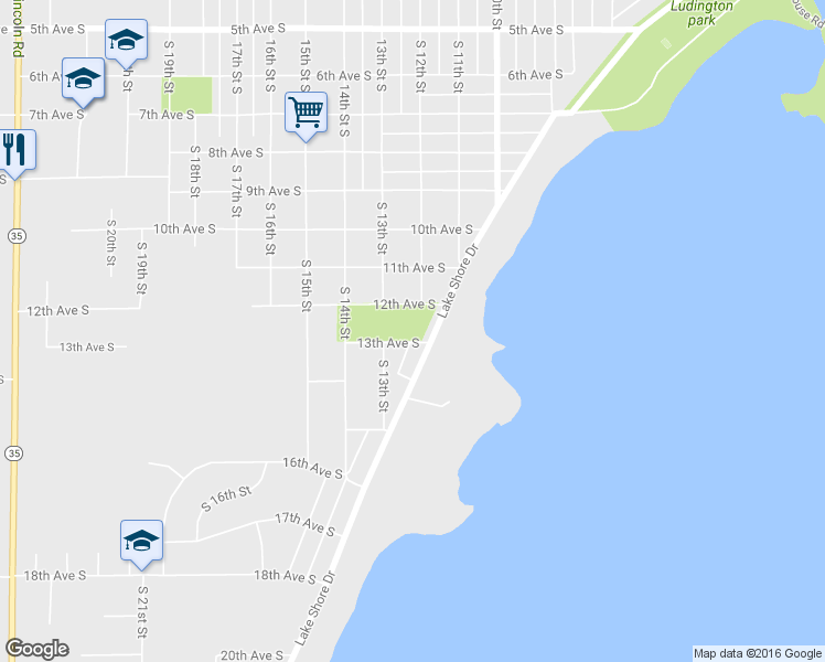 map of restaurants, bars, coffee shops, grocery stores, and more near 1224 12th Avenue South in Escanaba