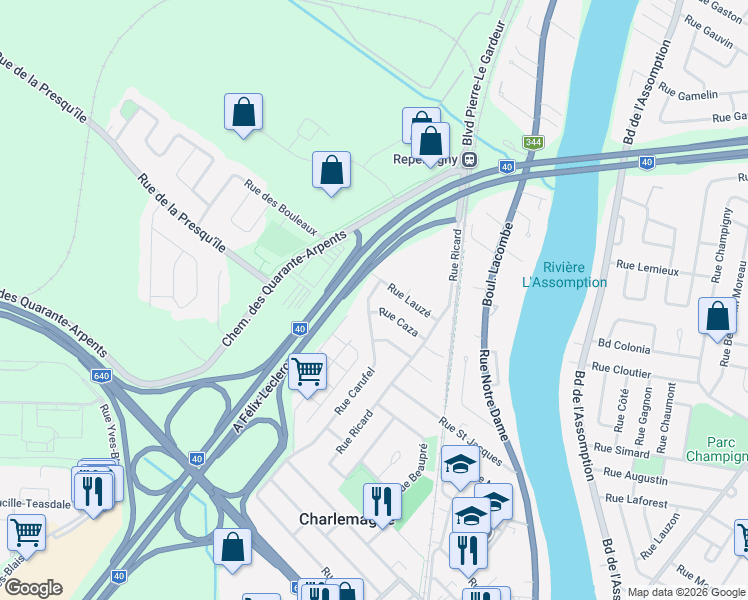 map of restaurants, bars, coffee shops, grocery stores, and more near 276 Rue Carufel in Charlemagne