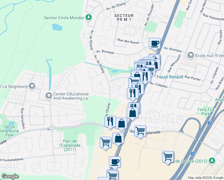 map of restaurants, bars, coffee shops, grocery stores, and more near 301 Avenue de l'Étang in Mascouche
