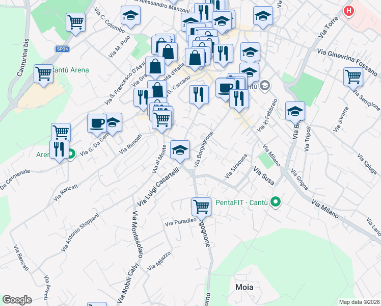 map of restaurants, bars, coffee shops, grocery stores, and more near 36 Via Angelo Longoni in Cantù