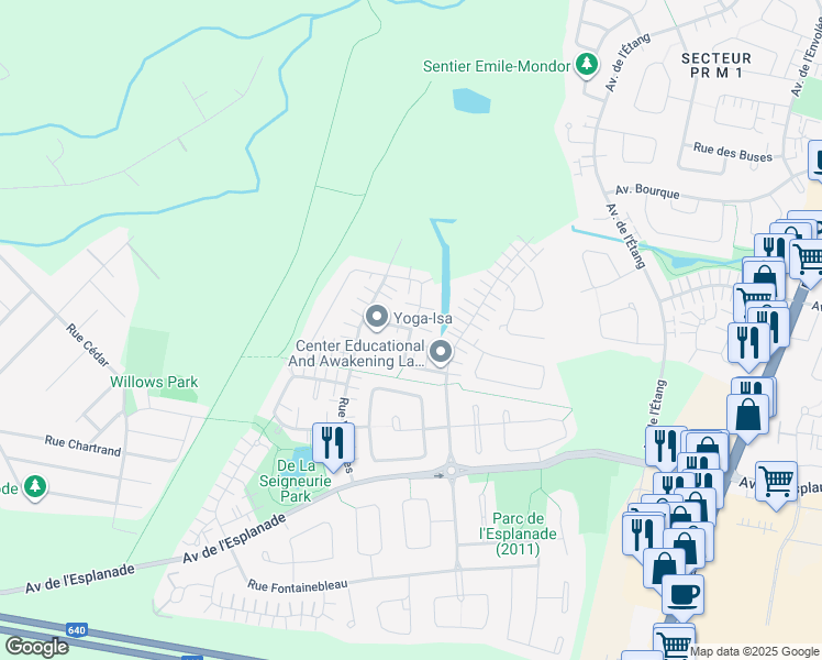 map of restaurants, bars, coffee shops, grocery stores, and more near Rue des Fontaines in Mascouche