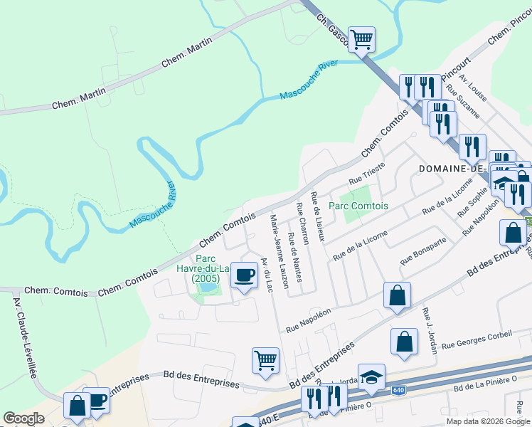 map of restaurants, bars, coffee shops, grocery stores, and more near 2930 Chemin Comtois in Terrebonne