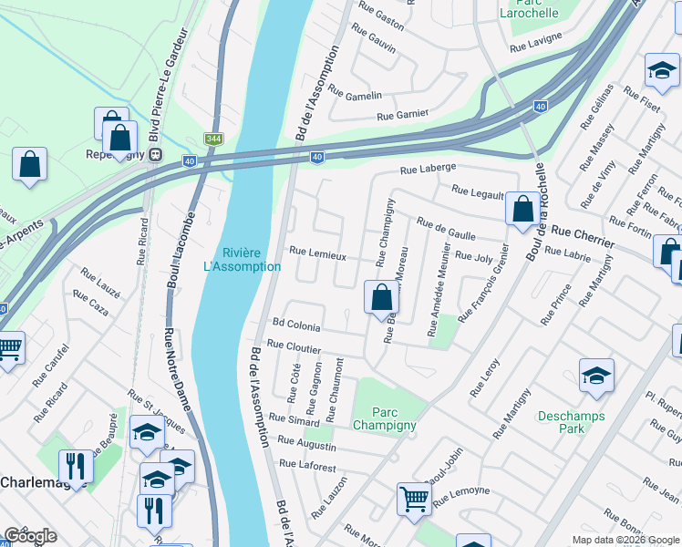 map of restaurants, bars, coffee shops, grocery stores, and more near 55 A Rue Léger in Repentigny