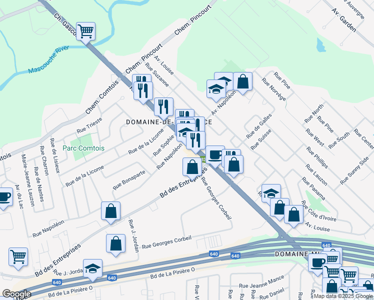 map of restaurants, bars, coffee shops, grocery stores, and more near 3200 Chemin Gascon in Terrebonne