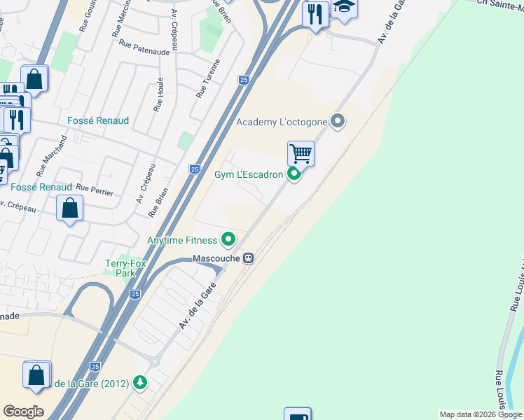 map of restaurants, bars, coffee shops, grocery stores, and more near 1435 Avenue de la Gare in Mascouche