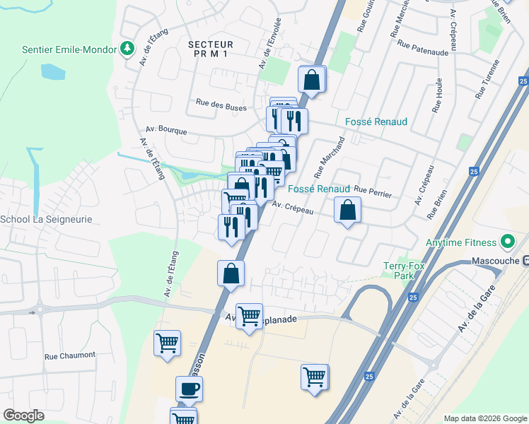 map of restaurants, bars, coffee shops, grocery stores, and more near 459 Montée Masson in Mascouche