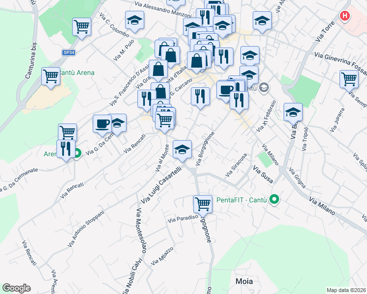 map of restaurants, bars, coffee shops, grocery stores, and more near 36 Via Angelo Longoni in Cantù