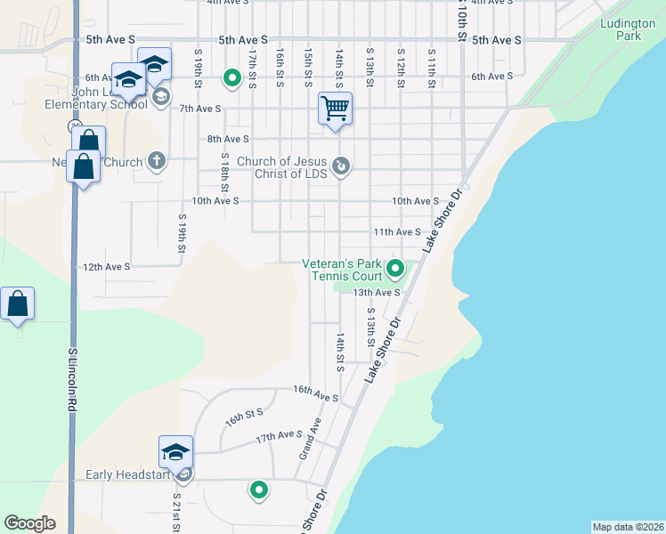 map of restaurants, bars, coffee shops, grocery stores, and more near 1300 14th Street South in Escanaba