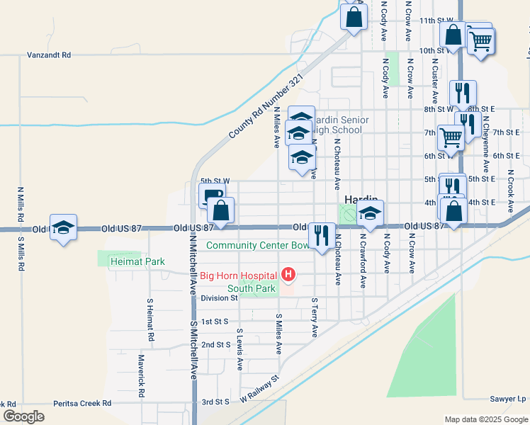 map of restaurants, bars, coffee shops, grocery stores, and more near 704 4th Street West in Hardin