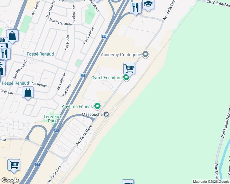 map of restaurants, bars, coffee shops, grocery stores, and more near Avenue de la Gare in Mascouche