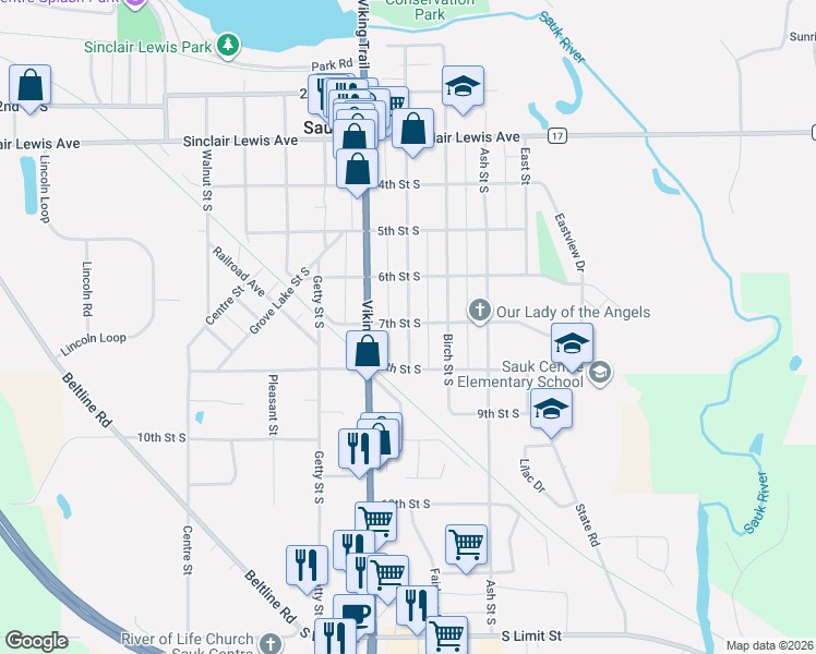 map of restaurants, bars, coffee shops, grocery stores, and more near 703 Pine Street South in Sauk Centre