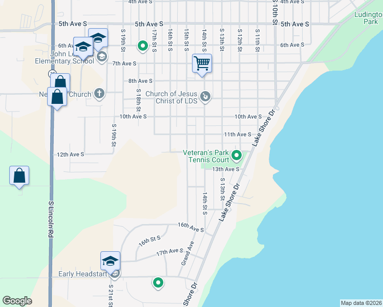 map of restaurants, bars, coffee shops, grocery stores, and more near 1300-1398 South 14th Street in Escanaba