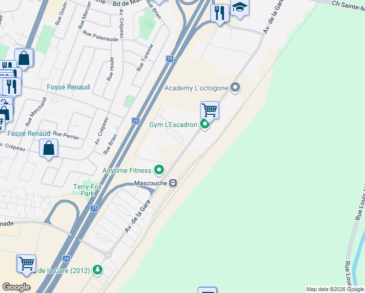map of restaurants, bars, coffee shops, grocery stores, and more near 1433 Avenue de la Gare in Mascouche
