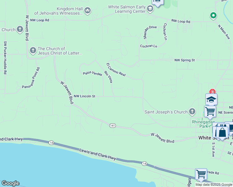 map of restaurants, bars, coffee shops, grocery stores, and more near 25 Rio Vista in White Salmon
