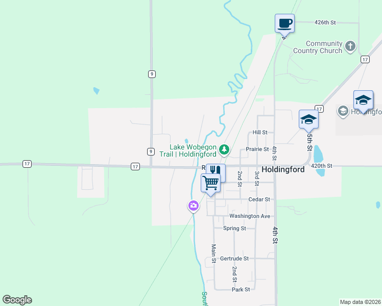 map of restaurants, bars, coffee shops, grocery stores, and more near 17805 Rivercrest Road in Holdingford