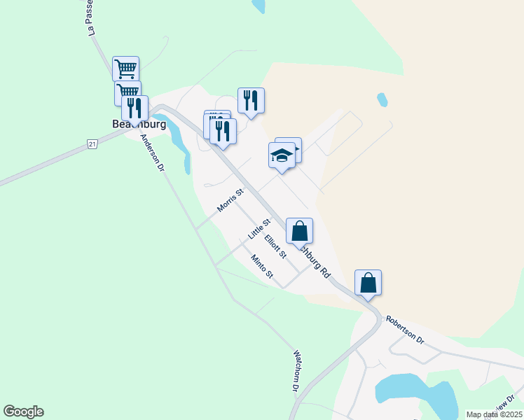 map of restaurants, bars, coffee shops, grocery stores, and more near 1751 Beachburg Road in Beachburg