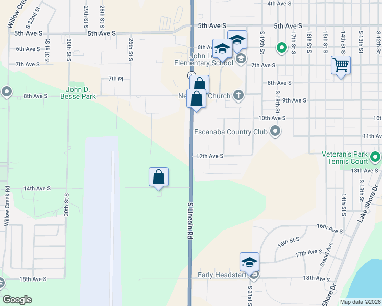 map of restaurants, bars, coffee shops, grocery stores, and more near 1299 South Lincoln Road in Escanaba