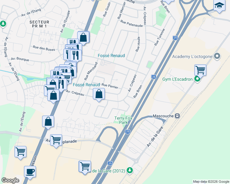map of restaurants, bars, coffee shops, grocery stores, and more near 516 Rue Deslongchamps in Mascouche